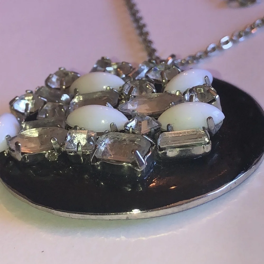 Silver Tone Black Enamel CZ Rhinestone Boho Pendant Necklace